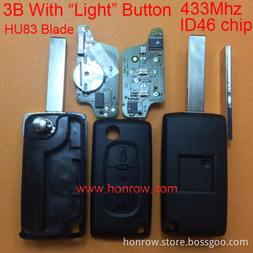 High Quality and New Original Peugeot FSK 3 button flip remote key with HU83 407 blade (With Light button) 433Mhz ID46 Chip